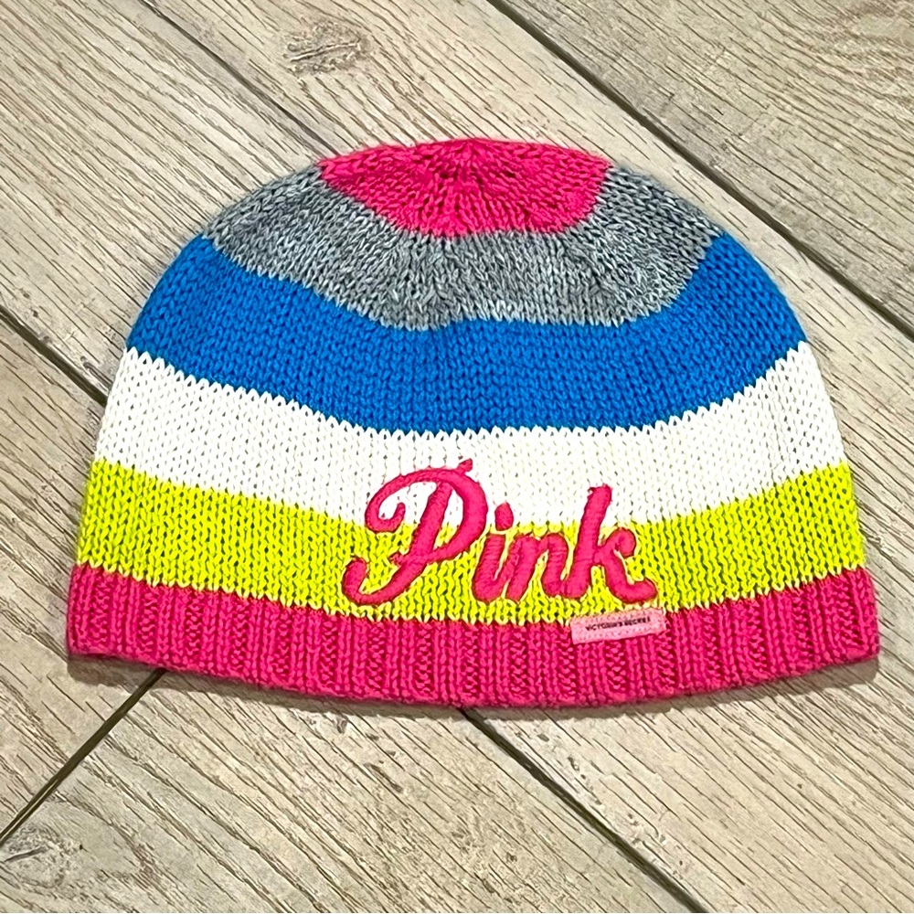 Victoria’s Secret Embroidered PINK Multicolored Striped Beanie Hat 2007